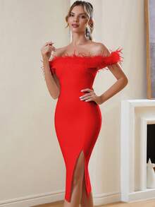 Off-Shoulder Slit Bodycon Bandage Dress With Frayed Trim, Suitable For Cocktail Parties - Red - View 5