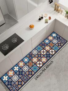 1件装硅胶厨房地垫，马赛克风格，饰有土耳其和摩洛哥瓷砖图案、几何形状和花卉纹理，采用蓝色、黄色、白色和红色配色。