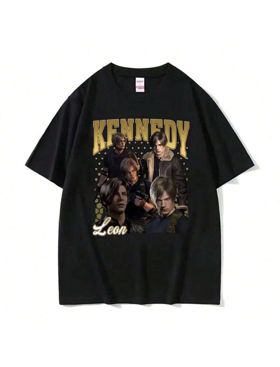 Limited Leon Kennedy Vintage Graphic T Shirt Dent Evil 4 Haruku Movie Shirt Wo Fashion Oversized T-Shirt Streetwear - 黑色 - 查看 1