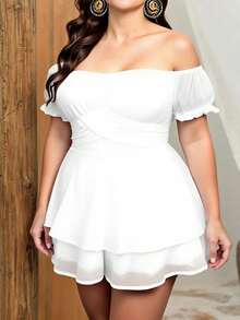 Women's Summer Plus Size Jumpsuit Shorts Solid Color Short Sleeve Off Shoulder Wide Leg Playsuit - trắng - Xem 2