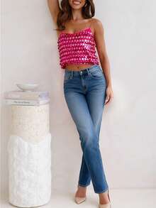 Top Bandeau Negro con Lentejuelas para Mujer, Diseño Strapless Brillante, Estilo Glam Rock y Y2K Disco para Antro, Fiesta y Salidas Nocturnas - Rosa Fucsia - Ver 2