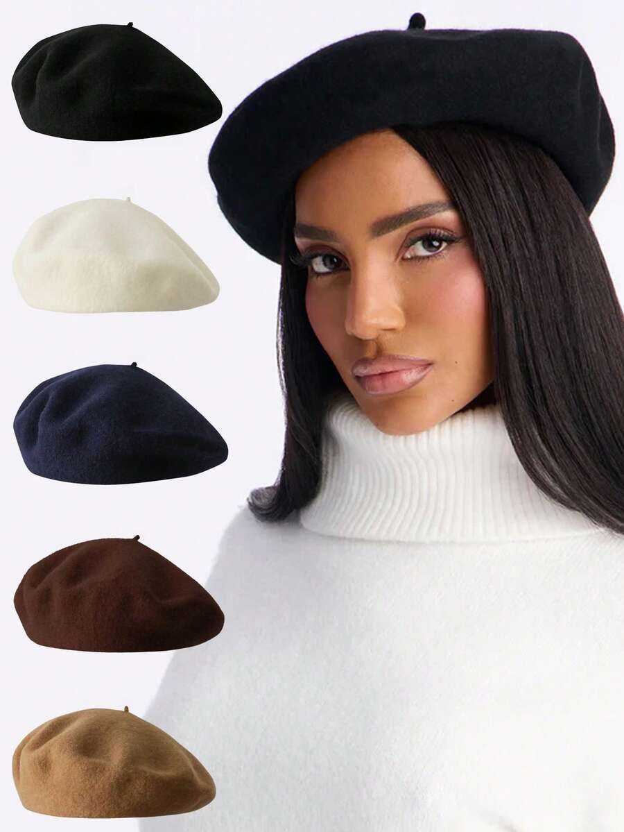 1 chiếc Mũ nồi màu trơn dành cho nữ, Mũ nồi ấm áp cho mùa đông, Mũ nồi phong cách Pháp cổ điển, Nhiều màu sắc, Mũ nghệ sĩ đa năng tối giản thời trang, Phong cách cổ điển - Nhiều màu - Xem 1