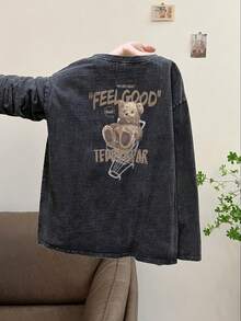 Women's Casual Loose Fit Crew Neck Long Sleeve T-Shirt, Vintage Washed Black Color, Cute Bear & Letter Print, Versatile For Spring & Autumn - Black - View 1