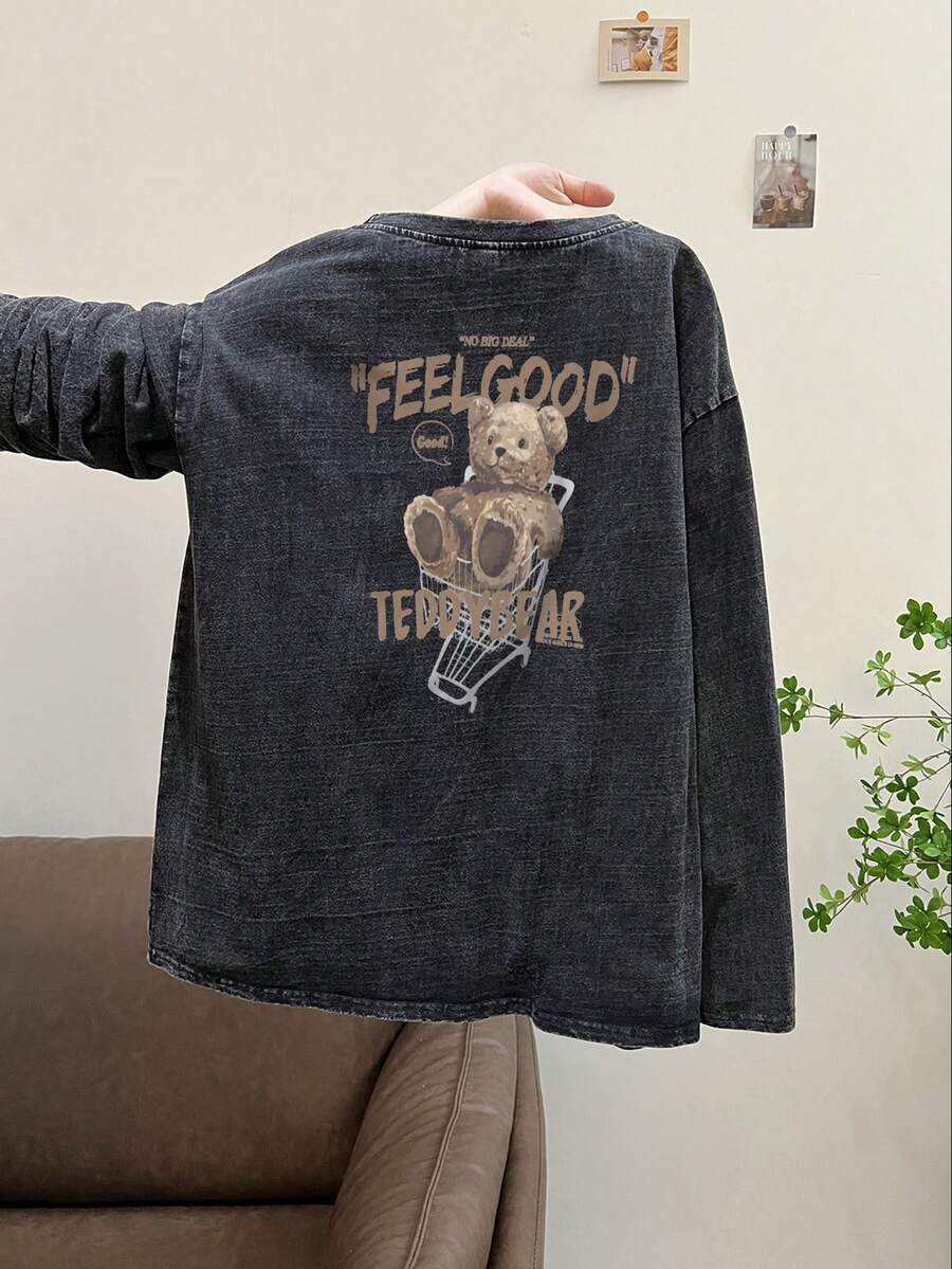 Women's Casual Loose Fit Crew Neck Long Sleeve T-Shirt, Vintage Washed Black Color, Cute Bear & Letter Print, Versatile For Spring & Autumn - Black - View 1