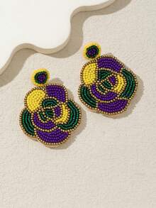 WinLeaf 一对狂欢节主题串珠耳环，闪亮字母“MARDI GRAS”吊坠，紫绿黄玫瑰花 - 彩色 - 查看 4