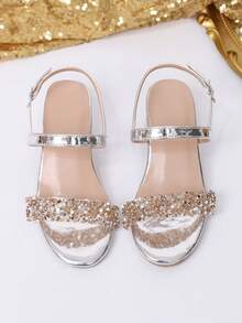 1双女童高跟凉鞋，时尚金属扣连衣裙靴，百搭水晶鞋，公主鞋，适合大龄女孩外出、聚会、旅行、拍照和日常穿着 - 銀色 - 查看 6