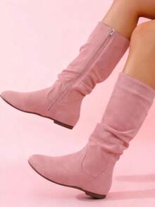 Fall/Winter Black Pleated Side Zipper Round Toe Comfortable Versatile Casual/Office/Commute Mid-Calf Boots, Fashionable Flat Women Boots - 粉色 - 查看 1