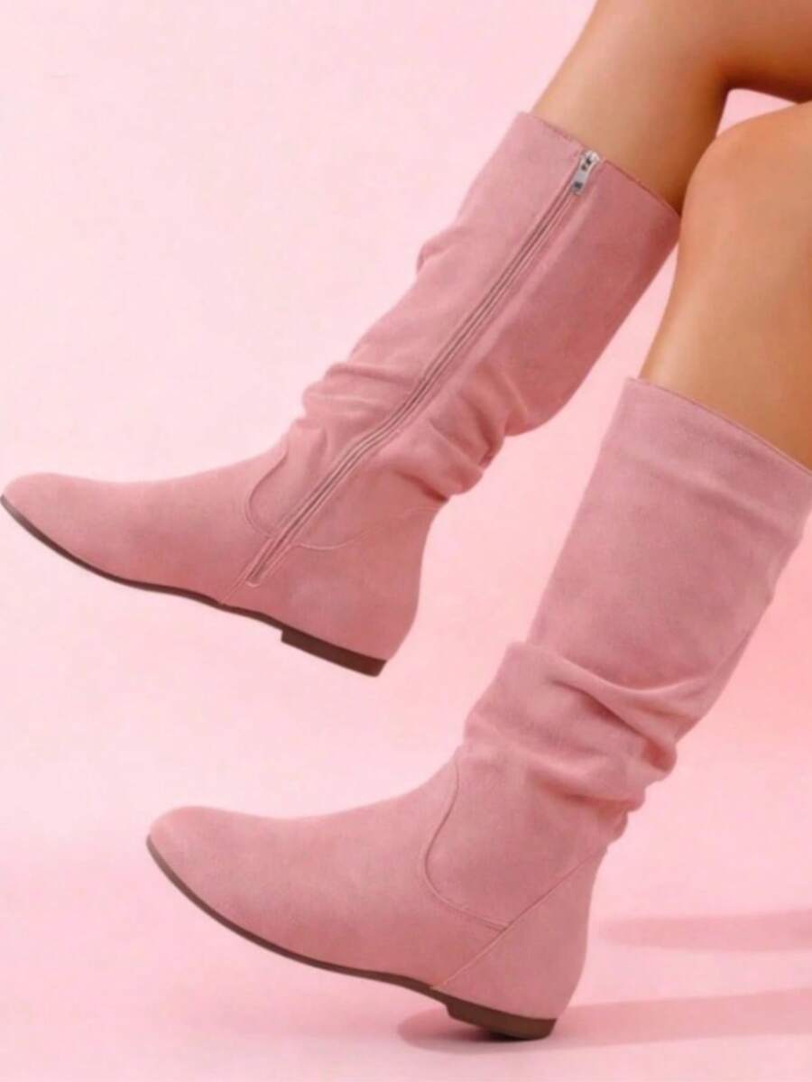 Fall/Winter Black Pleated Side Zipper Round Toe Comfortable Versatile Casual/Office/Commute Mid-Calf Boots, Fashionable Flat Women Boots - 粉色 - 查看 1