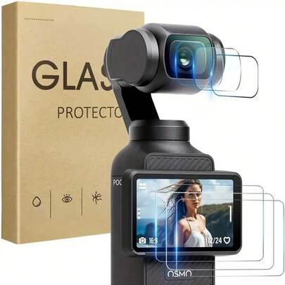 适用于 Osmo Pocket 3 的 6 合 1 高清屏幕镜头保护膜，高清钢化玻璃超清，包含 3 片前置镜头保护膜和 3 片屏幕保护膜，精准贴合，触控灵敏，适用于相机配件、屏幕保护膜、户外拍摄设备，无缝设计，触控灵敏，高清晰度，耐用屏幕保护膜，保护膜套装，相机镜头保护罩，适合视频博主、内容创作者和摄影爱好者。