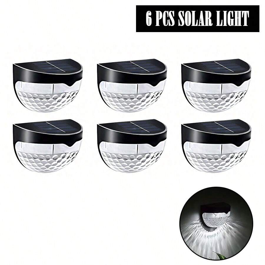 Conjunto de 6 luzes solares externas para cerca, deck e parede, com função liga/desliga automática, design durável em plástico resistente às intempéries, bateria de 600mAh e suporte semi-embutido. Ideais para cercas, pátios, quintais, degraus de garagem, escadas e iluminação solar para cercas.