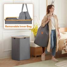 Lifewit Cesto para la Ropa Sucia de 150L con Tapa Cesta para la Colada con Asas de Bambú y 2 Bolsa Extraíble Cesto de Ropa Plegable Grande para Dormitorio Cuarto de Baño Lavadero Gris - Gris - Ver 3