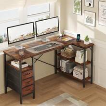 Sweetcrispy L Shaped Desk With Shelf Drawers, White Corner Computer Desks Gaming With Power Outlet, Study Table With Adjustable Shelves, Home Office Tables For Bedroom Teacher Reading Writing - 查看 6