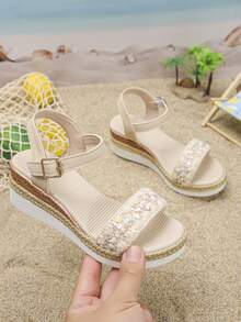 1 par de sandálias casuais de verão para meninas, ideais para a escola. Design simples com fivela, salto plataforma leve, antiderrapante, confortável e com lantejoulas. - Damasco - Ver 2