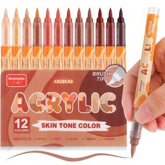 GuangNa akrylfärgspennor 12 färger, hudtonsserie med mjuk penselspets vattenbaserade, tunna penselpennor för trä, duk, stenmålning, glas, gör-det-själv-pyssel, tygfärg