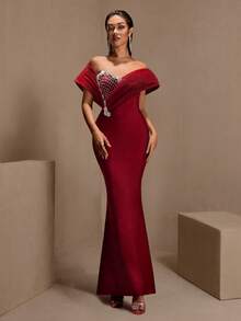 Shiny Patchwork Zipper Mesh Rhinestone Embellished Formal Evening Gown Wedding Spring Party - Red - View 1