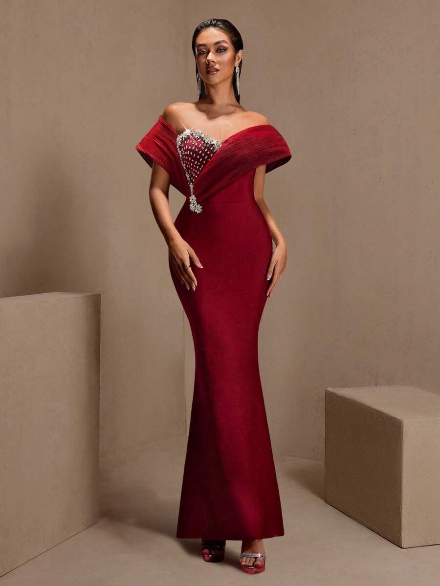 Shiny Patchwork Zipper Mesh Rhinestone Embellished Formal Evening Gown Wedding Spring Party - Red - View 1