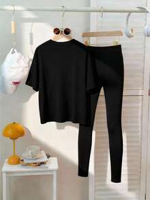 2pcs/Set Comfortable Spring/Summer Casual Moon & Floral Print Short Sleeve T-Shirt And Leggings Set, Suitable For Young Girls And Ramadan - Multicolor - View 2