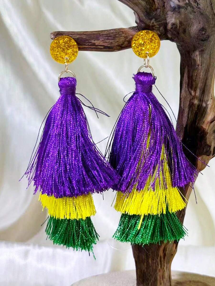 1 Đôi bông tai tua rua màu tím, vàng, xanh lá cây, thích hợp cho nữ giới đeo hàng ngày, quà tặng ngày lễ Thánh Patrick. - Kiểu 8 - Xem 1