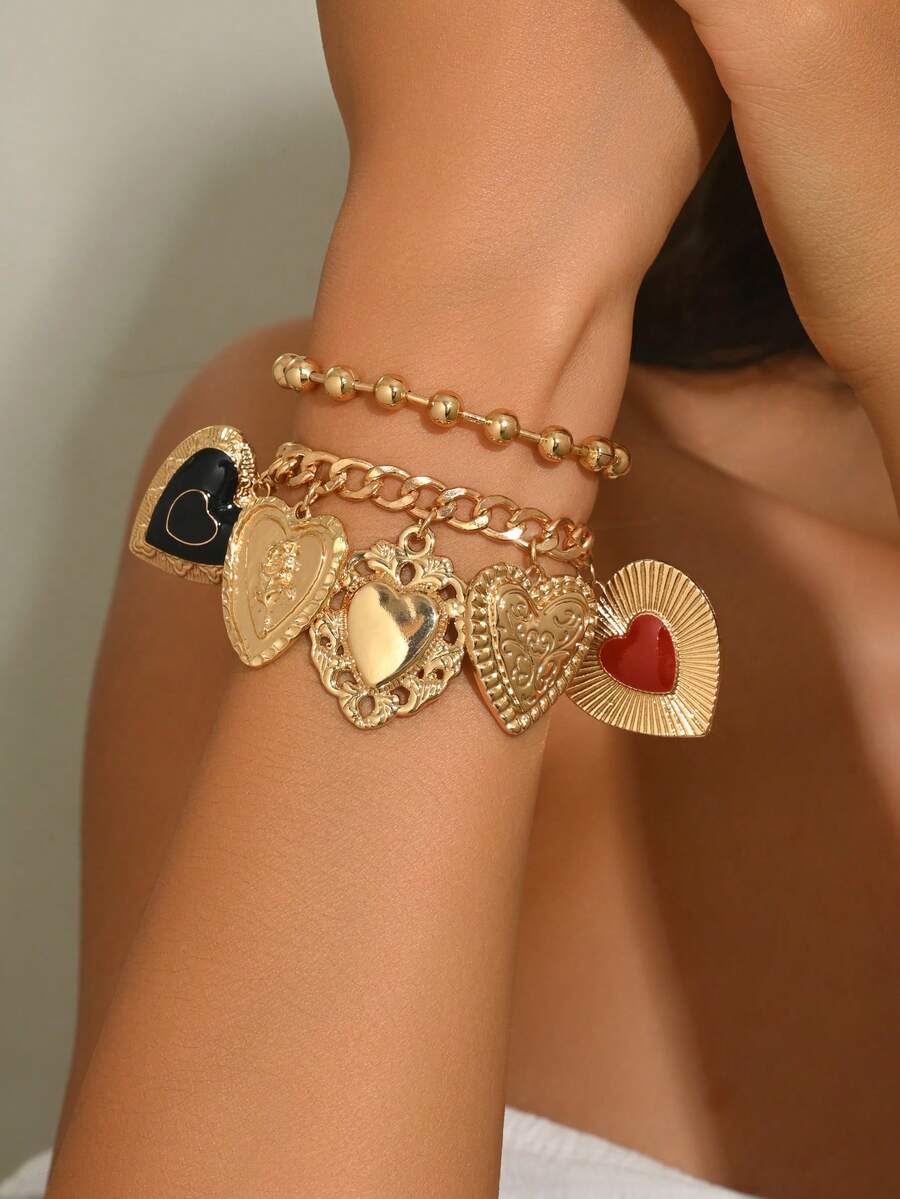 2 Stück/Set einzigartiges Tropfglasur Herz Anhänger Armband Set, modischer minimalistischer goldfarbener Perlen Ketten Layering Armband Schmuck für Frauen, geeignet für den täglichen Gebrauch und Partys - Verschiedenfarbig - Übersicht 1