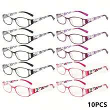 10pcs Square Fashion Floral Reading Glasses Value Multi-Pair Set For Men And Women With HD Lenses And Colorful Frames, Essential For Daily Leisure And Office - 4 đen + 3 tím + 3 đỏ - Xem 7