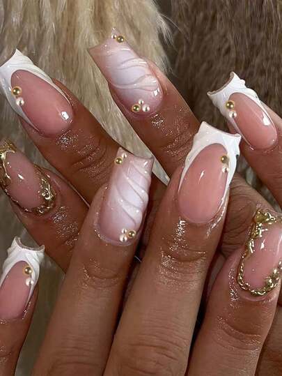 24 st långa fyrkantiga 3D-gelblommor i nagellack med pärldekor, vita French Press-on akryl lösnaglar. Setet innehåller: 1 flaska gel och 1 nagelfil. Sommarmanikyr som får dina fingertoppar att glänsa, lämplig för kvinnors dagliga arbete och fester.