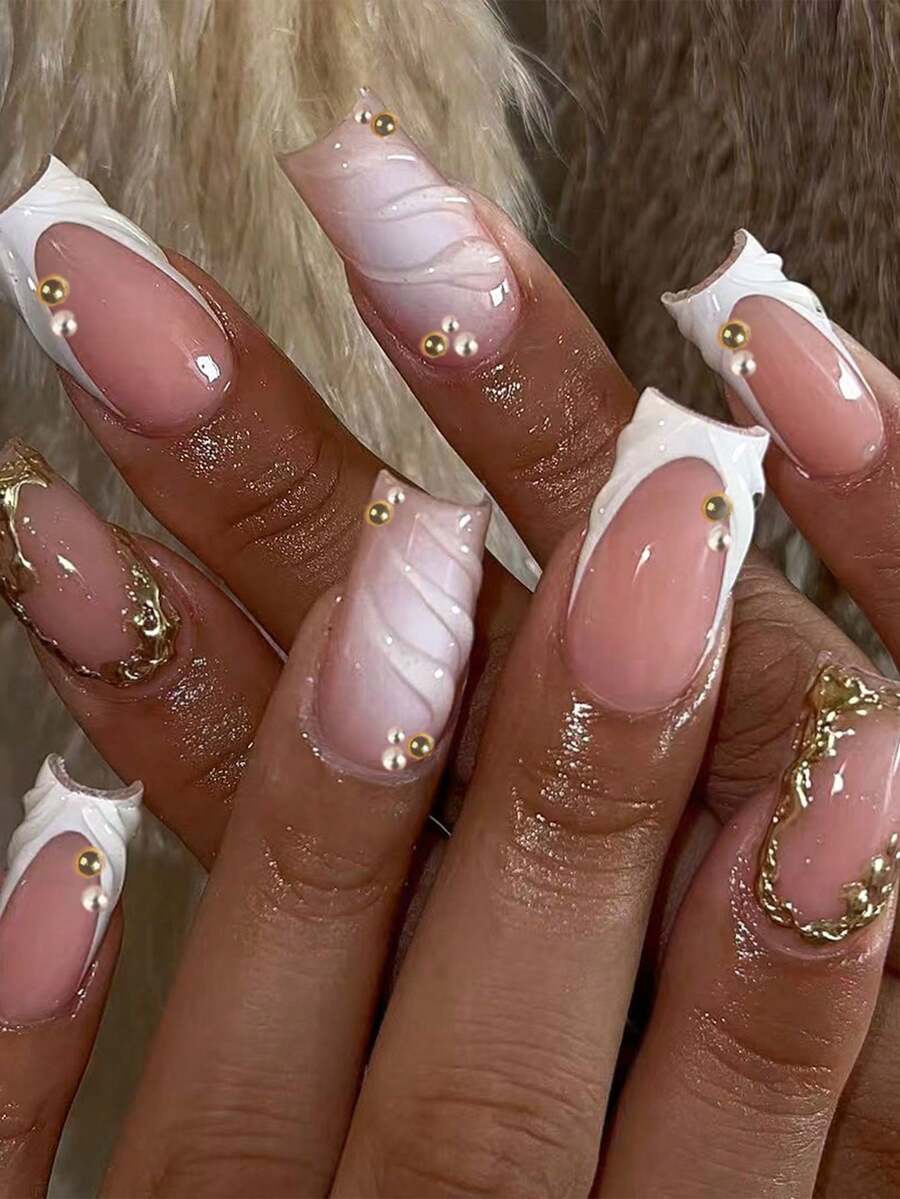 24片长方形3D立体凝胶花朵美甲贴纸，珍珠装饰，白色法式按压式亚克力假指甲。套装包含：1瓶凝胶和1把指甲锉。夏季美甲，让您的指尖闪耀动人，适合女性日常工作和派对场合。 - 彩色 - 查看 1