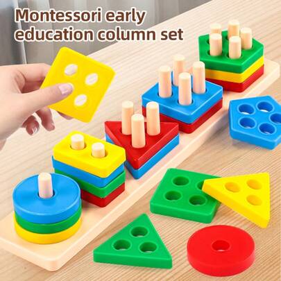 Geometric Shape Matching Building Blocks Toy Set | 0-3 Years Old Infant Early Education Cognitive Toy | Four Column Matching Game | Macaron Color Plastic