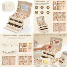 Joyero Organizador, Cajas para Joyas de 3 Niveles, Alajeros Joyeria Mujer de Cuero de Almacenamiento, Interior con Espejoo, Diseño Portátil, para Anillos, Pendientes, Pulseras y Collares(default) - Multicolor - Ver 1