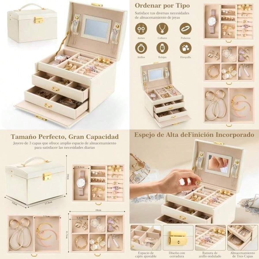 Joyero Organizador, Cajas para Joyas de 3 Niveles, Alajeros Joyeria Mujer de Cuero de Almacenamiento, Interior con Espejoo, Diseño Portátil, para Anillos, Pendientes, Pulseras y Collares(default) - Multicolor - Ver 1