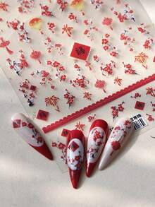 1片中国新年红梅花美甲贴纸，美甲师必备，3D立体浮雕设计，饰有吉祥红梅和祝福语，自粘式美甲贴纸，可重复使用，DIY美甲贴纸，女士礼物，美甲用品，优雅美甲配饰礼品 - 紅色 - 查看 2