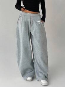 1件少女休闲弹力腰裤，个性化蝴蝶结印花，适合户外穿着，保暖内衬，春、秋、冬季皆宜。 - 淺灰色 - 查看 2