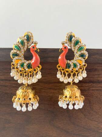 Vintage Style Rhinestone Peacock Earrings,Faux Pearls Jhumka Earrings Suitable For Women's Daily Wear, Eid Al-Fitr Accessories