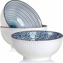 QINLANG - tazón grande de sopa de 67 onzas cuencos de pho cuencos de ramen japonés juego de 3 cuencos grandes de porcelana azul y blanco de 8 pulgadas 3 patrones de mezcla - azul y blanco - Ver 1