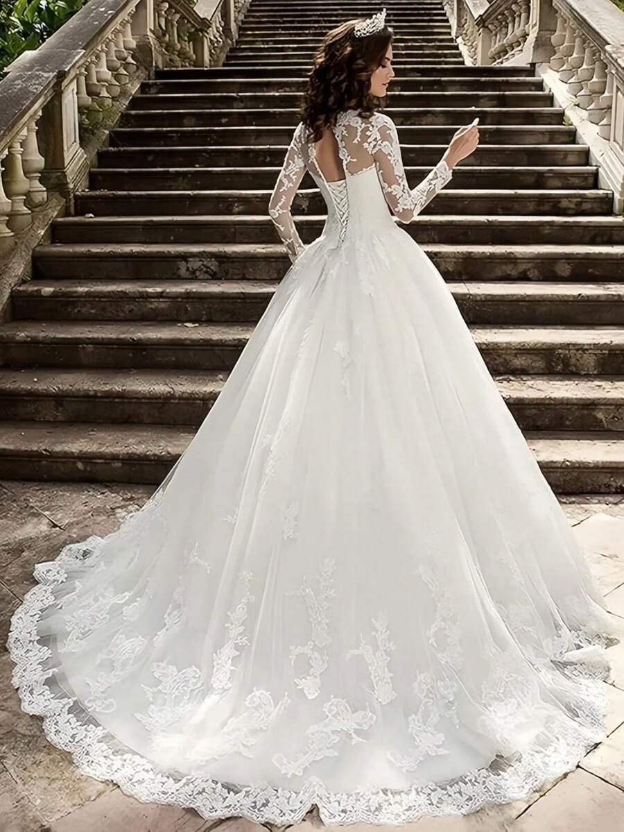 Elegant Romantic A Line Backless Long Sleeves Lace Appliqués Tulle Wedding Dress Registration,Evening Party Dress Birthday Party Dress,Romantic Church Ceremony Wedding Dress,Suitable For Wedding,Dating,Party,Singles' Party,Vacation,Formal Occasions,Dinner Dress,Prom Dress,Homecoming Dress,Cocktail Party,Wedding Guest Dress,Graduation - trắng - Xem 1