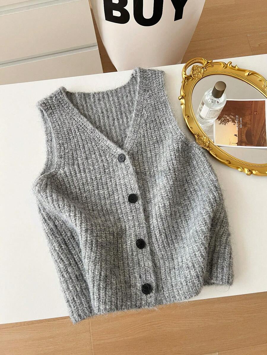 1pc Solid Color V-Neck Single-Breasted Knit Cardigan Vest Sleeveless Sweater For Women, Versatile For Commuting