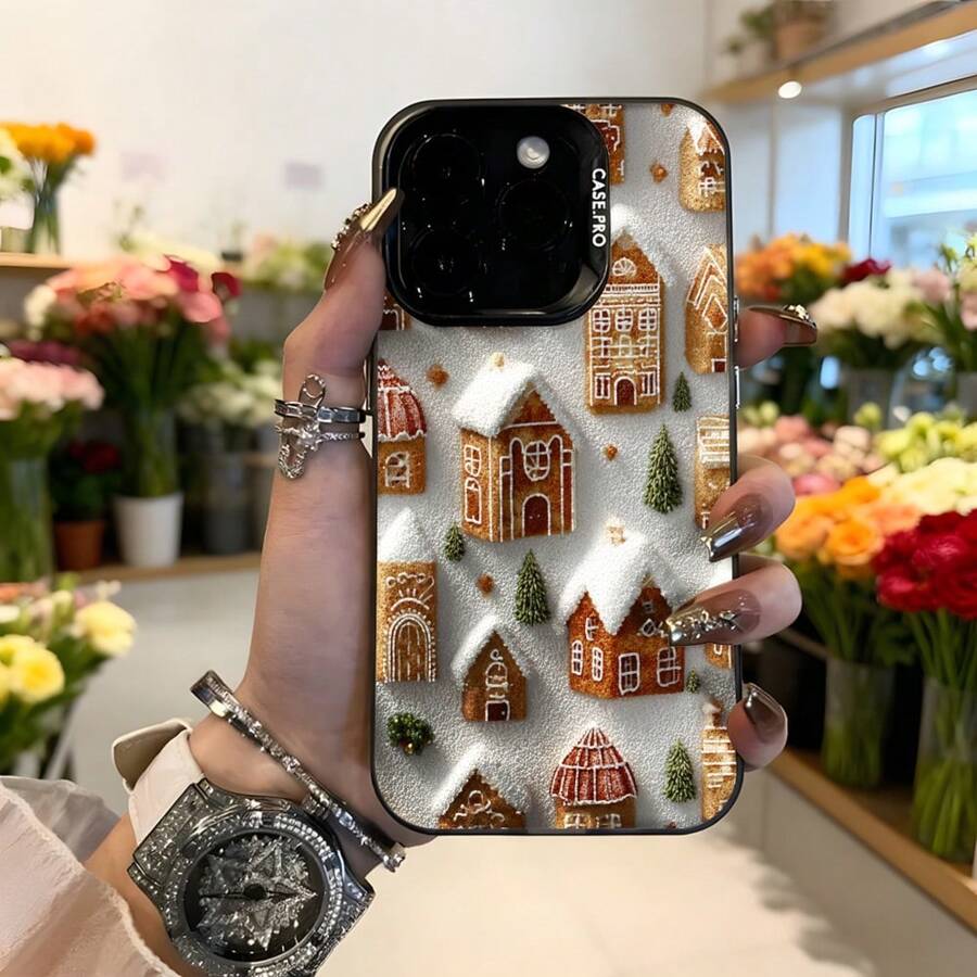 Carcasa de teléfono con diseño de casa de jengibre blanca con estampado navideño para iPhone adecuada para temporada festiva,Aplicable a los teléfonos de la serie Apple y Galaxy - Negro - Ver 1