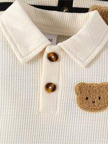 Bộ áo liền quần polo 2 món cho bé trai, áo liền quần sọc hình gấu cho trẻ sơ sinh. - Màu be - Xem 5