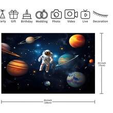 1 pieza Telón de fondo decorativo con tema de cohete y astronauta del espacio exterior, (210 x 150/180 x 135/150 x 100/100 x 70 cm) Decoración de fiesta de cumpleaños con planeta, galaxia y universo para mesa de pastel, fotografía y photobooth, suministros para fiestas - Multicolor - Ver 7