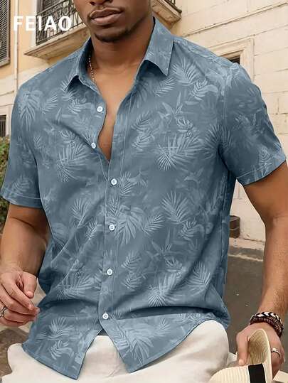 Men's Vintage Old Money Style Polyester Four-Way Stretch Digital Print Summer Short-Sleeve Shirt Stylish And Versatile, Lightweight Fabric Ideal For Everyday Casual Wear Perfect For Travel And Outings