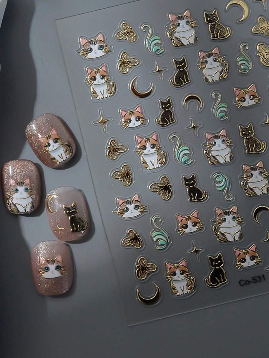 1Pc 5D Nail Art Stickers Black/Golden Cat Moon Star Manicure Decal For Girls - Multicolor - View 1