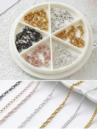 6件套混合金属链美甲饰品配件，枪黑色和灰色链条美甲装饰，美甲用品