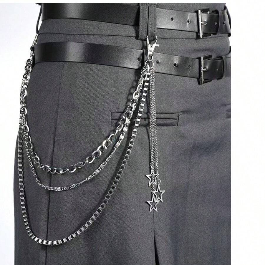 1pc Punk Style Hollow Star Decor Multi-Layer Chain Pants Chain, Hip Hop Fashion Waist Chain Accessory - Silver - View 1