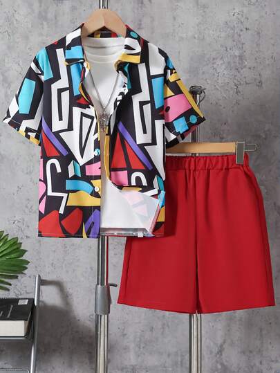 Boys' Casual Lightweight Letter & Graffiti Print Shirt Collar Short Sleeve Shirt And Solid Shorts Set, Spring/Summer