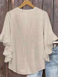 Plus Size Women's Solid Color Ruffle Sleeve V-Neck Blouse