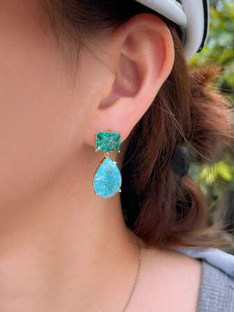 1 Pair Women's Chic Cracked Green Baguette Cubic Zirconia Blue Water Drop Zirconia Crystal Dangle Earrings, Gold Plated Costume Jewelry Accessories For Wedding, Party, Prom, Gift For Girlfriend, Wife, Ladies