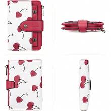 CLUCI - portafolios pequeña para mujer, de piel, con cierre y ventana de identificación extraíble, Beige con marrón., Pequeño, Compacto - Patrón de estampado de cerezas - Ver 3