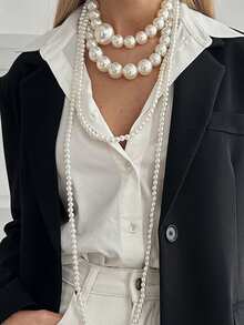 1pc Fashionable High-Quality Faux Pearl Beaded Necklace, Minimalist Personalized Versatile Faux Pearl Beaded Long Necklace Suitable For Women's Daily, Vacation, Party Wear