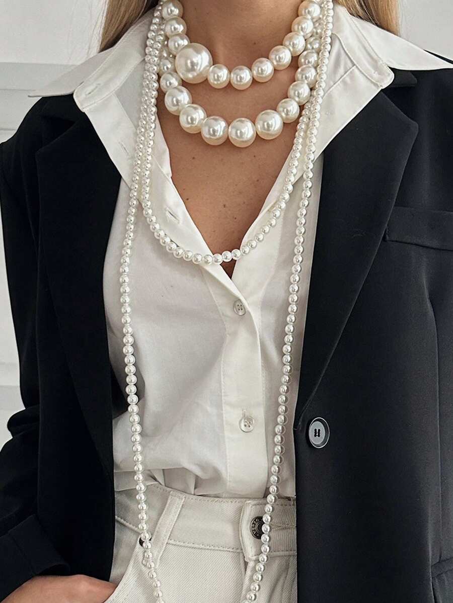 1pc Fashionable High-Quality Faux Pearl Beaded Necklace, Minimalist Personalized Versatile Faux Pearl Beaded Long Necklace Suitable For Women's Daily, Vacation, Party Wear