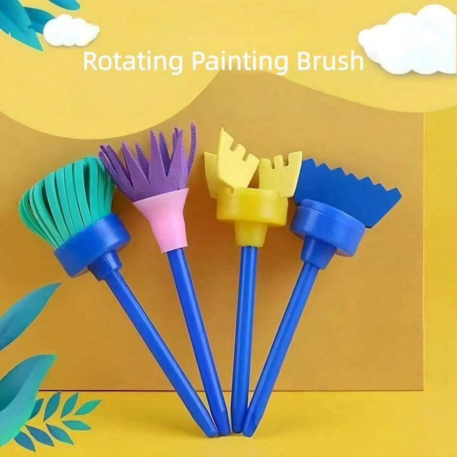 4 piezas Juego de brochas de esponja giratorias para pintura, herramientas de arte de estampado con palitos de esponja, brochas para pintura y graffiti - Azul - Ver 1
