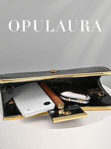 OpulAura 女士晚宴手拿包，黑色 PU 皮革手提包 - 女士优雅链条肩带托特包，适合休闲或正式场合，晚宴斜挎包 | 时尚手拿包 | 磁扣封口 - 黑色 - 查看 3